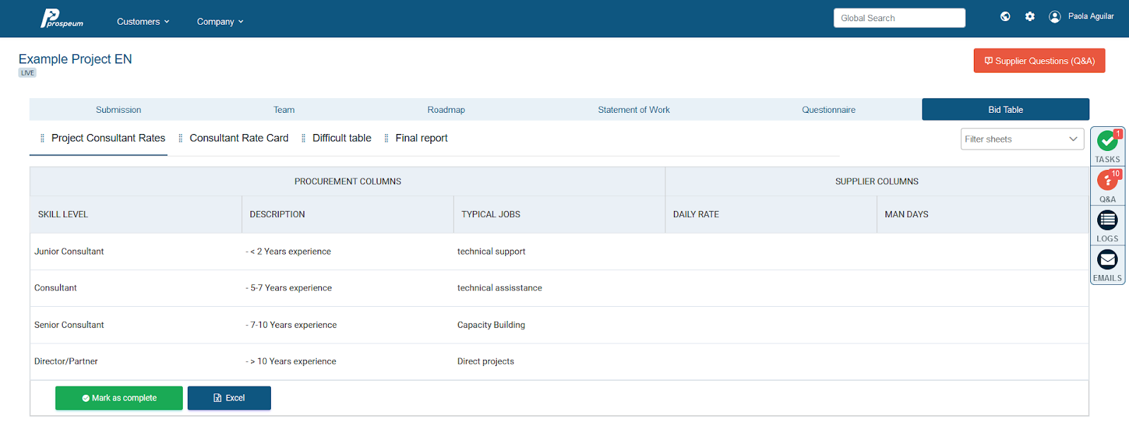 Bid Table Tab – Support English